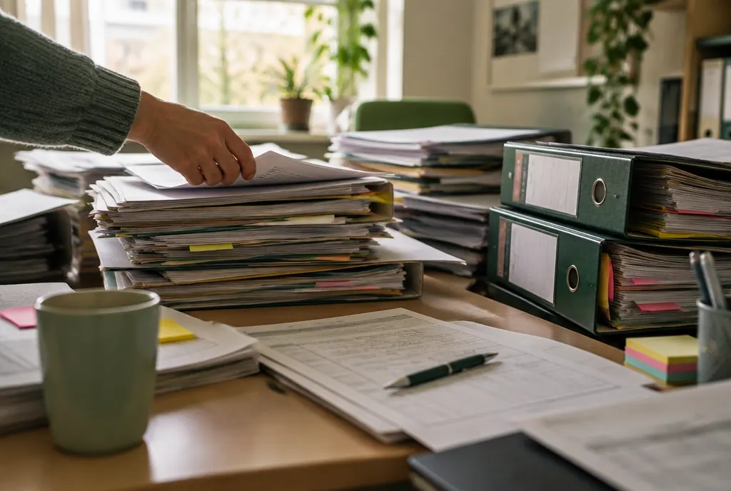 Symbolbild Zettelwirtschaft: Aktenstapel, Formulare und Haftnotizen auf einem Schreibtisch in einer Jugendhilfe-Einrichtung